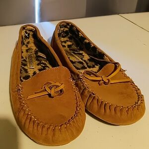 🍈 Lucky Brand Timini Boat Shoe Size 9 Tan With Leopard Print Interior